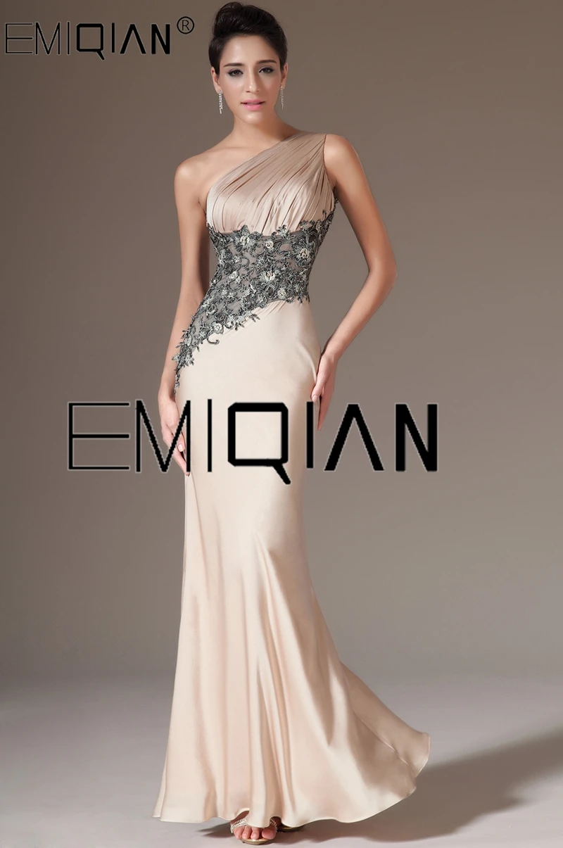 

Charming One Shoulder Mermaid Evening Dresses Champagne Satin & Black Lace Formal Evening Gowns