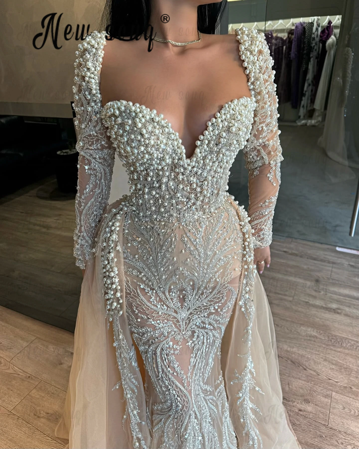 Robe de soirée deux pièces champagne clair avec poignées, robes de Rhde fiançailles, train amovible, perles, deuxième réception formelle, quoi que ce soit, 2025