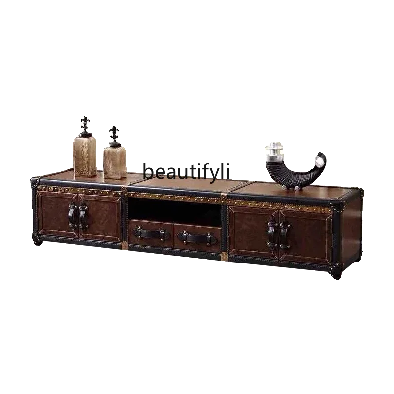 

ss7304 ss03 American medieval floor-to-ceiling TV cabinet French retro rivet aluminum leather living room with drawers long cabi