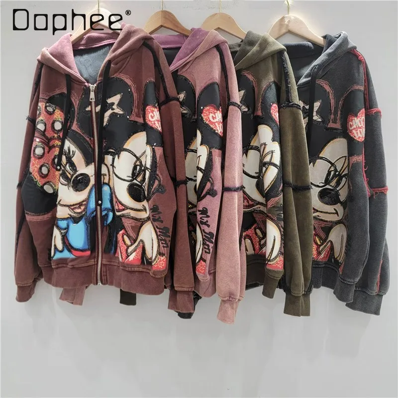 

2025 New Spring Autumn Heavy Embroidery Cartoon Print Loose Fashion Hooded Jacket Coat Kawaii Clothes Hoodies Women Overzise