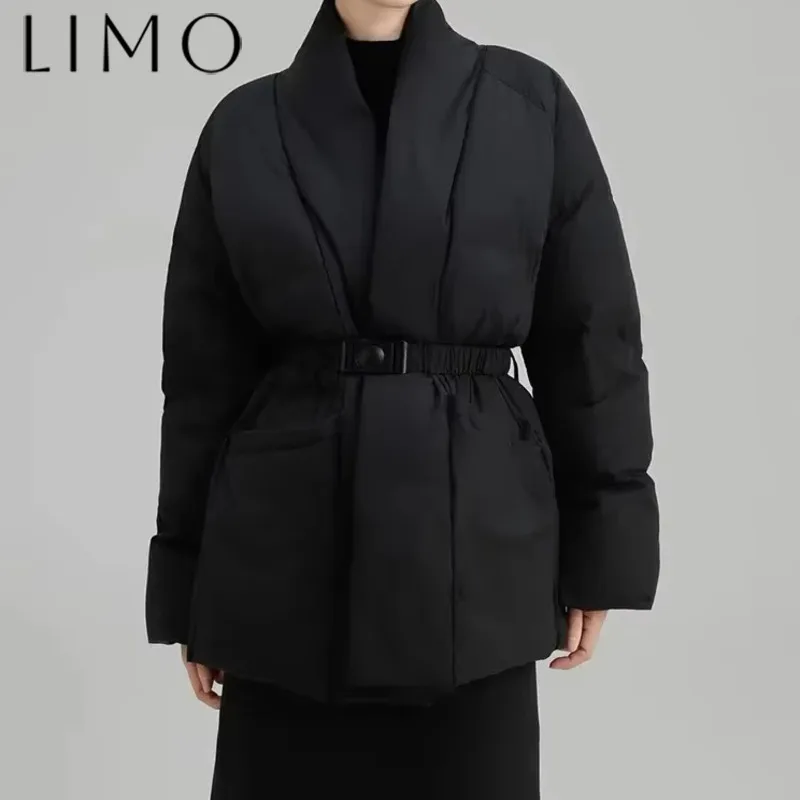 

LIMO модное коричневое пальто с хлопковой подкладкой, женское пальто с v-образным вырезом, свободные большие карманы, пояса, толстая теплая куртка, новинка зимы