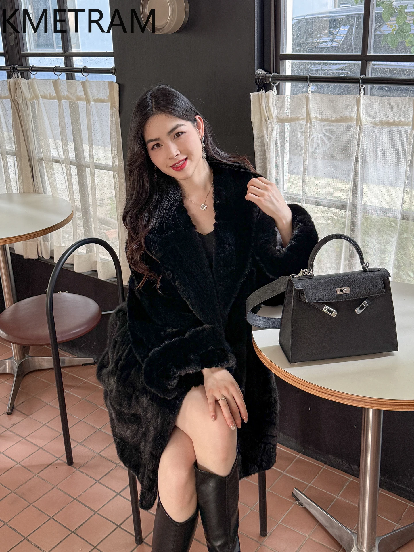 KMETRAM 100% سترة فرو المنك امرأة شال أنيق طوق منتصف طول معطف الفرو الحقيقي الوافدين الجدد الشتاء النساء الملابس 2025 شوهبات