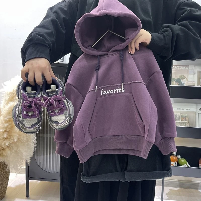 Boys Fleece Lined Hoodie Autumn Winter Purple Letter Print Sweatshirt Korean Style Kids Pullover Warm Clothing