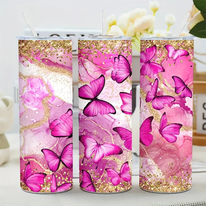 1pc 20oz Exquisite Sequin Butterfly Pattern Portable Insulated Tumbler, a Gift for Mom, Lover, Couples, Sisters, Friends. Comes with Lid and Straw. Stainless Steel. for Hot Water, Ice Cubes, and Beverages. Vacuum Insulated Tumbler, Cold Insulation