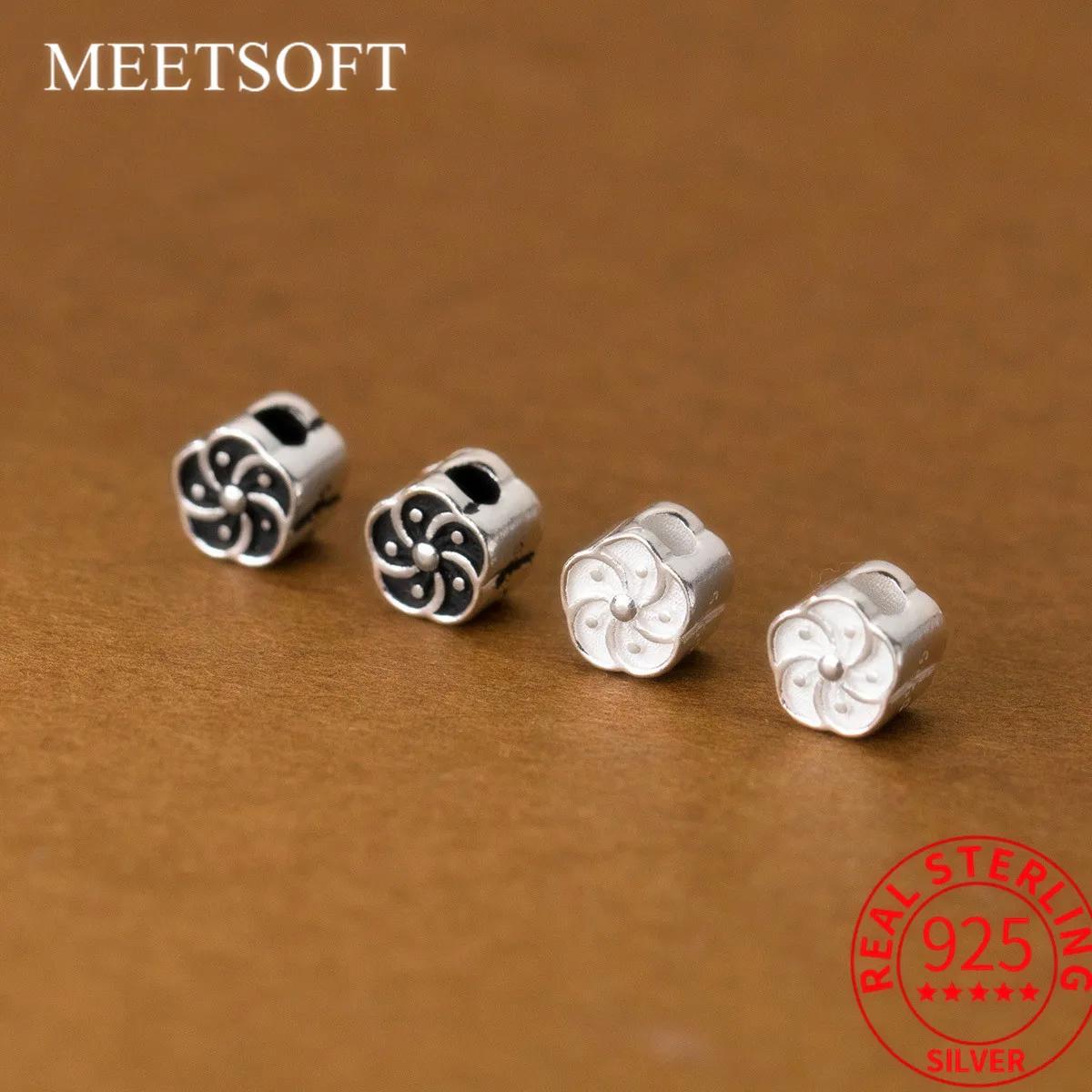 MEETSOFT Retro S925 Sterling Silver Distressed Petal Shape Beads Jewelry of DIY Handmade Braided Bracelets Accessory Wholesale