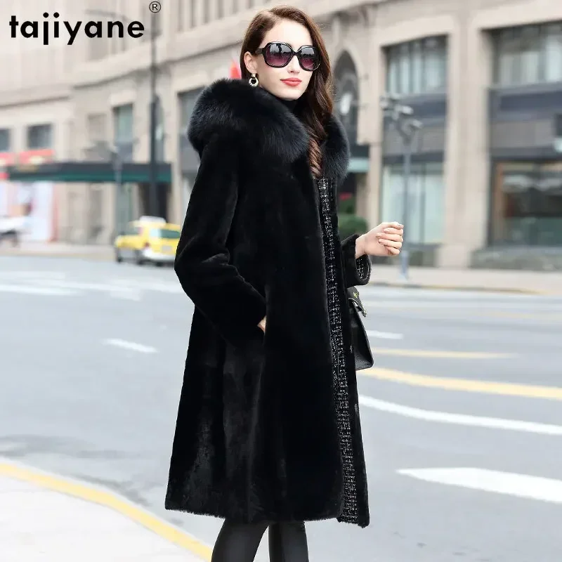 

Tajiyane Top Quality Real Fur Coat Women Luxury Winter Hooded Fox Fur Collar Warm Natural Sheep Fur Jacket Double-sided Wear