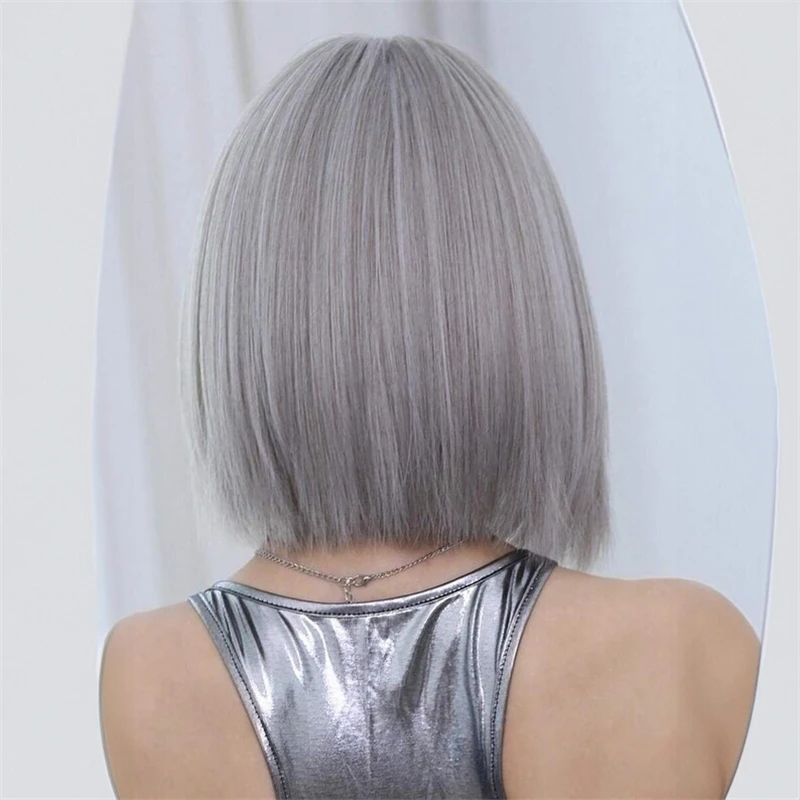 Silver Grey Natural Human Hair Wigs for Women Short Straight Remy Human Hair Wigs with Bangs 12 inch Bob Wigs For Women Daily