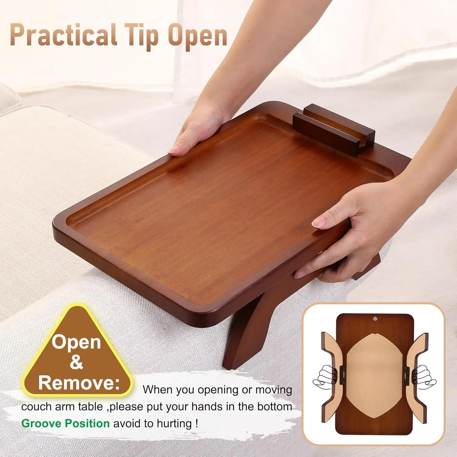 Couch Arm Tray Bamboo Couch Arm Table with 360° Rotating Phone Holder,Sofa Armrest Tray for Eating,Drinks,Snacks, Remote Control