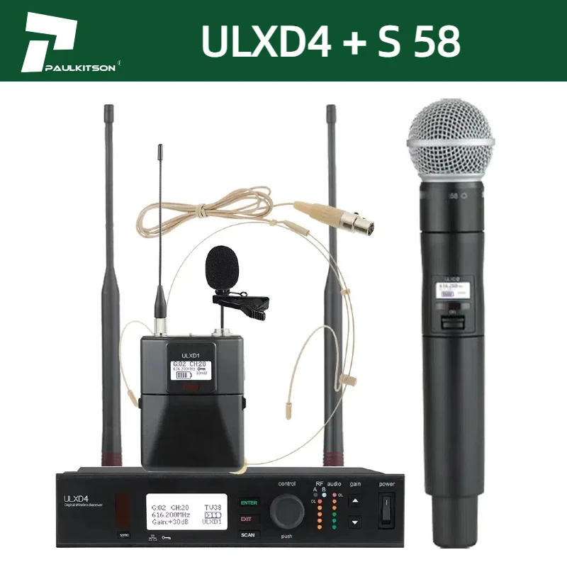 Paulkitson ULXD4 BETA58A BETA87A S58 معدات الصوت المهنية UHF اللاسلكية المحمولة نظام ميكروفون الكاريوكي الملحقات