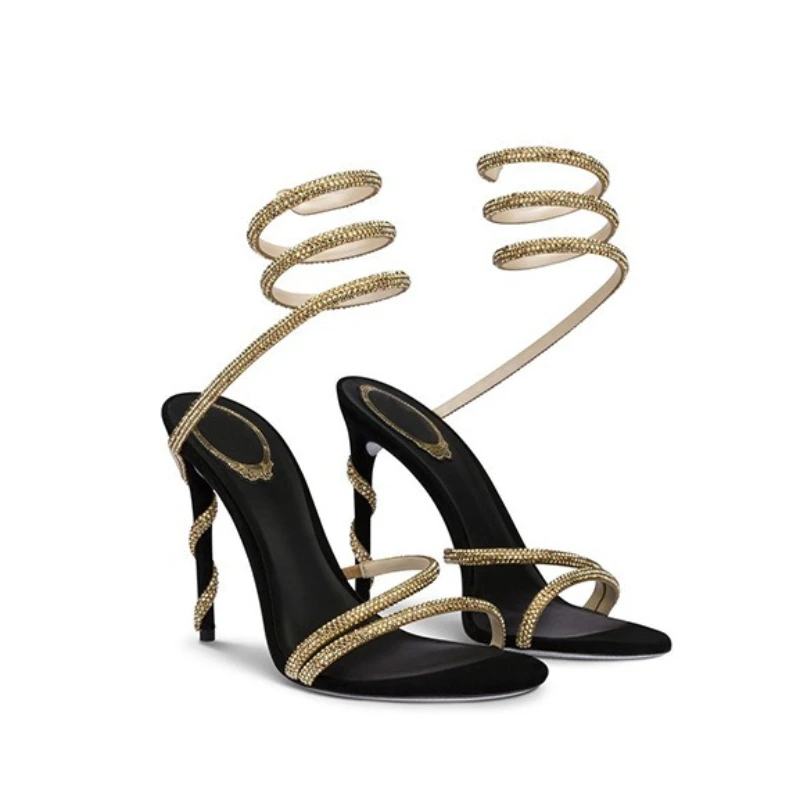 

European and American Feng Rhinestone Serpentine Winding Belt Hollow Stiletto Heel High Heeled Sandals Woman