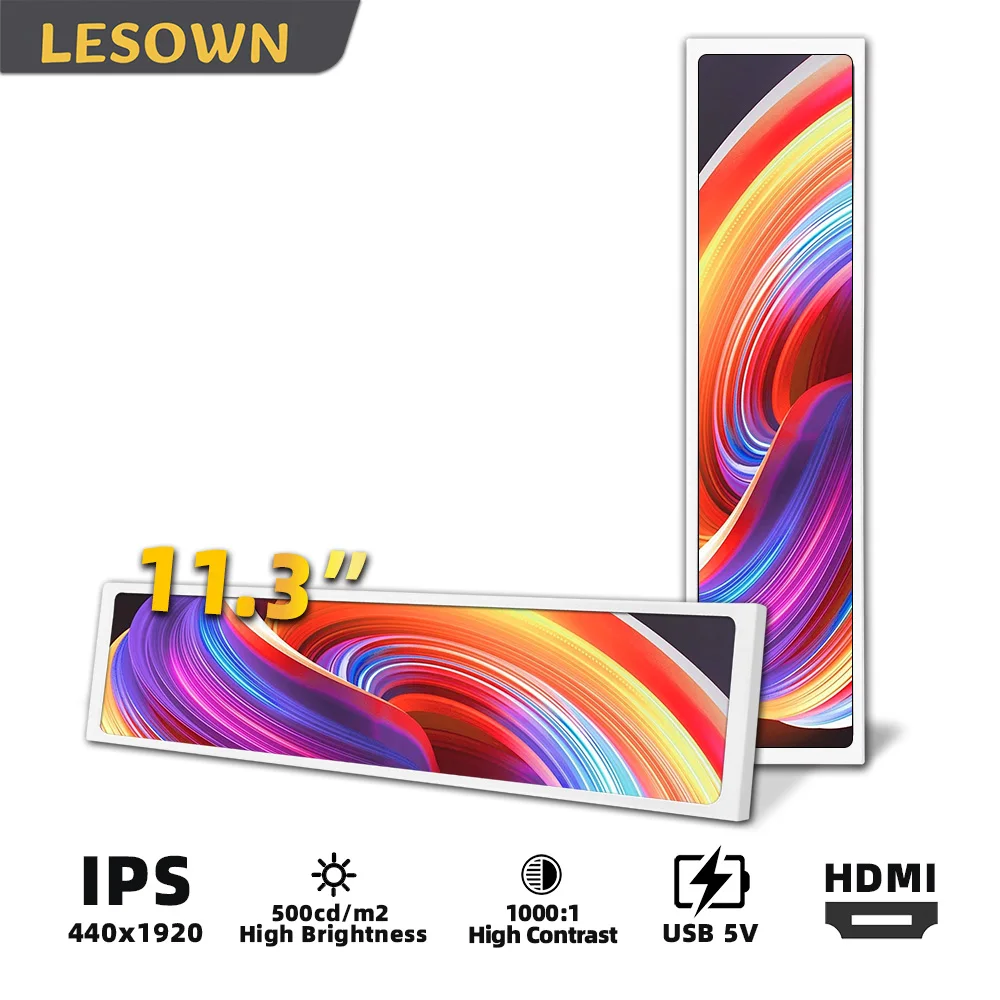 LESOWN Portable Display 11.3 Inch Horizontal Screen 440x1920 IPS LCD Small Wide Aspect Ratio Monitor Stretched Strip Display