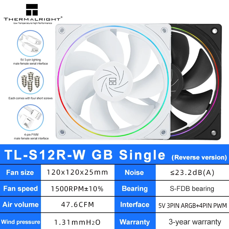 

Thermalright TL-S12R-W Case Fan 120mm HALO Reverse CPU Cooling Fan CPU Air Cooler TL-S12 5V 3PIN ARGB Aperture Chassis Fan