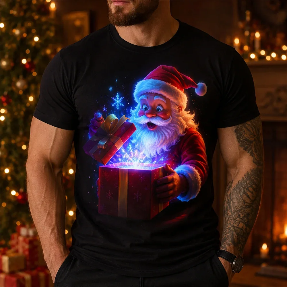 2026 Men Christmas 3D Graphic Print T‑Shirt, Santa Claus Guitar Pattern Short Sleeve Tee, Casual Holiday Party Streetwear Top