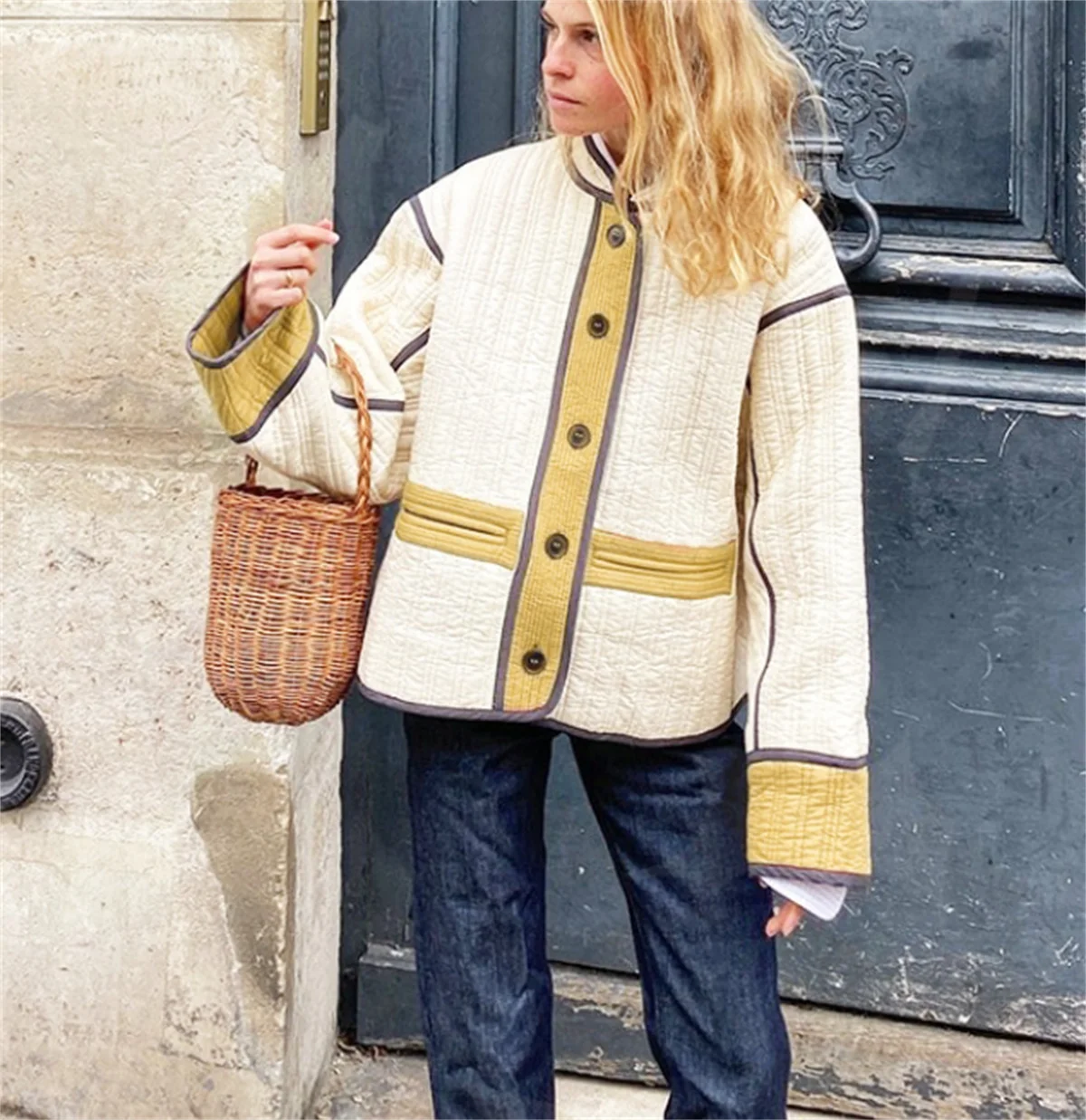 Autumn Winter Quilted Coat For Women Loose Long Sleeves Single Breasted Jacket Lady Fashion Contrast Color Coats Street Outwear