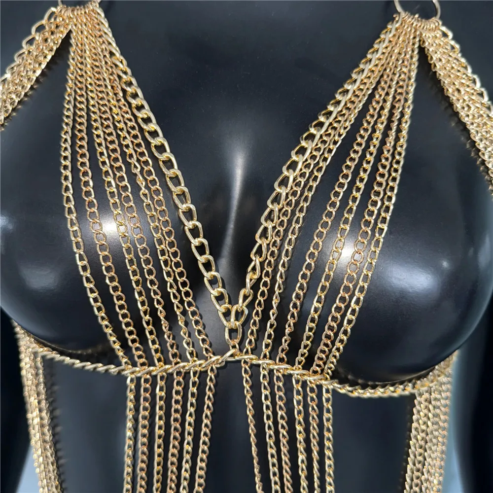 เสื้อครอปสายเดี่ยวซีทรูโชว์หลังเซ็กซี่ประดับโซ่โลหะและพู่สำหรับผู้หญิง เหมาะสำหรับงานเทศกาลดนตรีและงานเรฟ