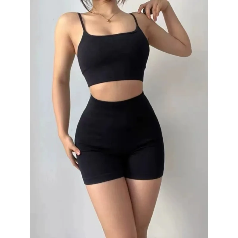 Conjunto de dos piezas de Color sólido para mujer, camisetas sin mangas con cuello Halter, pantalones de Yoga informales de cintura alta, estilo americano, Sexy, ajustado, deportivo, Fitness