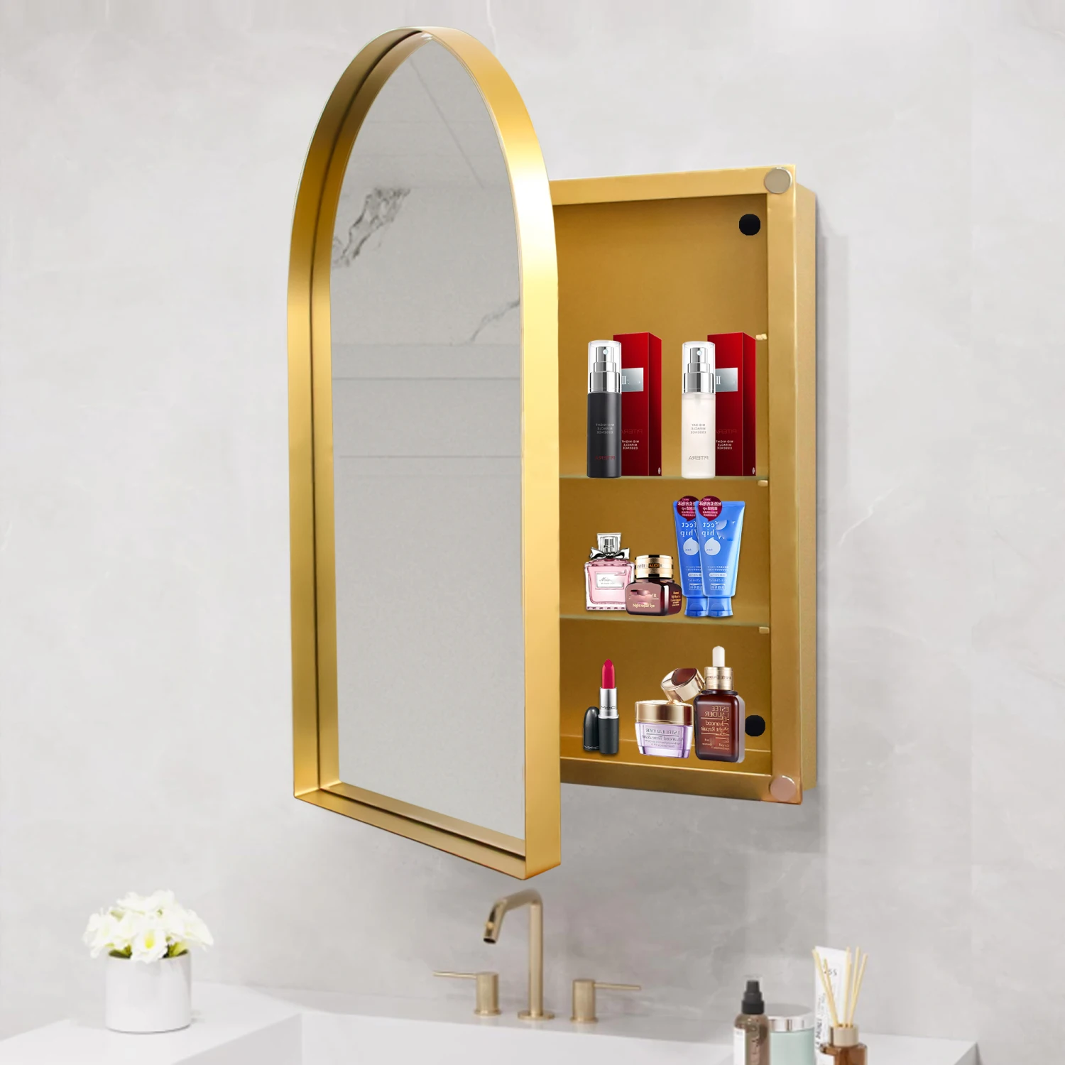 Arched Recessed Medicine Cabinet, Metal Framed Bathroom Wall Cabinet with Mirror, Adjustable Shelves, Matte Gold