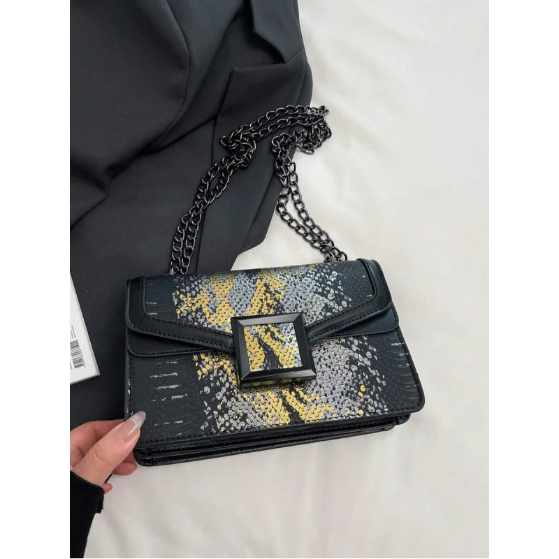 

2025 New Vintage Snake Skin Pattern Handbag For Women, Fashionable Versatile Chain Shoulder Crossbody Small Square Bag