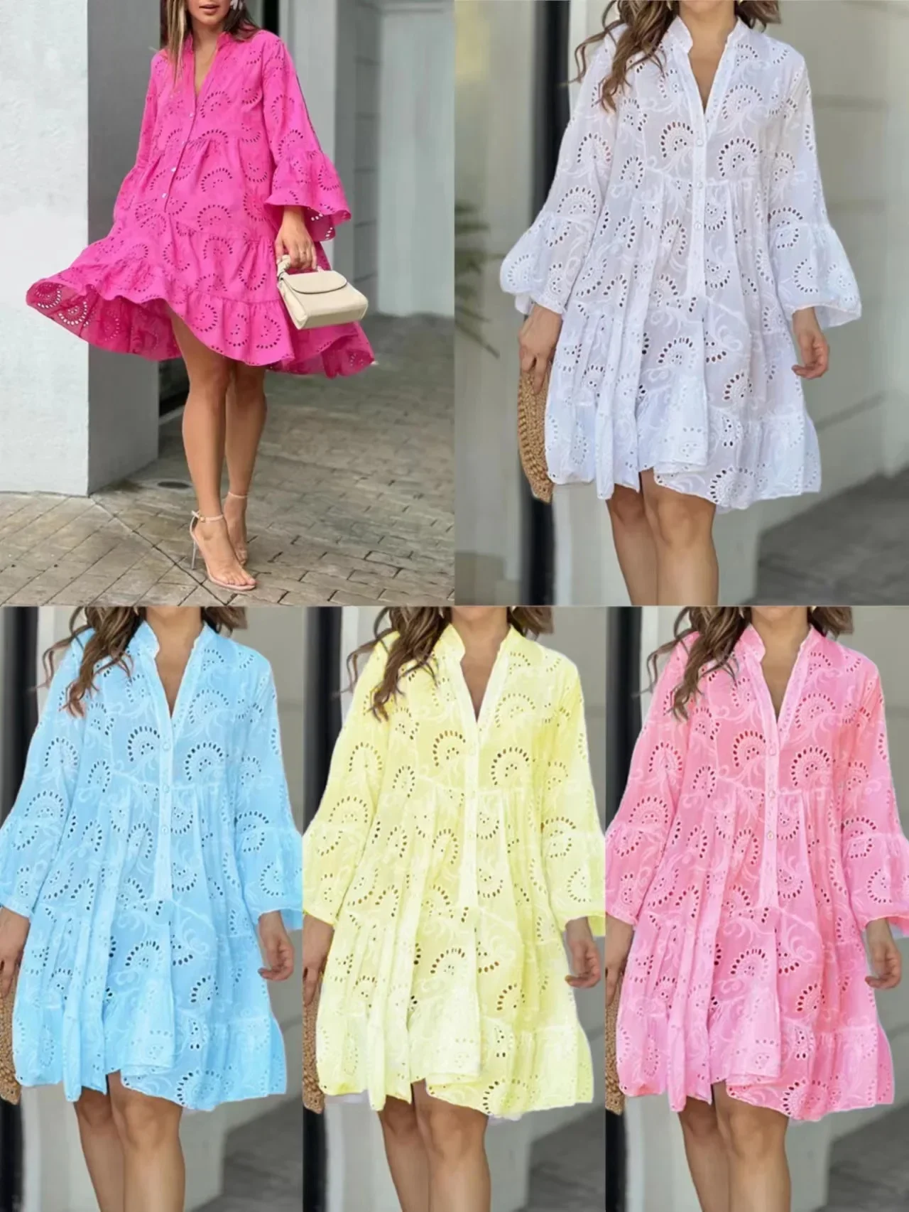 

Dress for Women 2023 New In Loose Lace Dress Fashion Flare Sleeve Embroidery Dress Women Sexy Hollow Out Pattern Mini Dresses