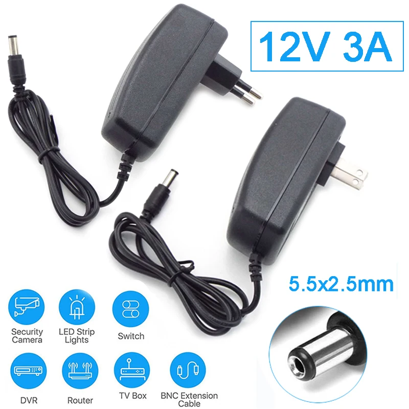 

12V 3A CCTV Camera Adaptor AC to DC Power Adapter Supply Converter Charger Switch Led Transformer Charging US EU Plug