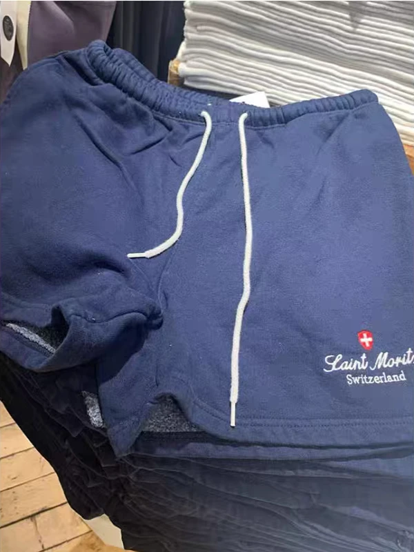 캐주얼 스트레이트 레그 팬츠 자수 아메리칸 레터링 블루 반바지 여성용 하이 웨이스트 코튼 바지 통근 스타일