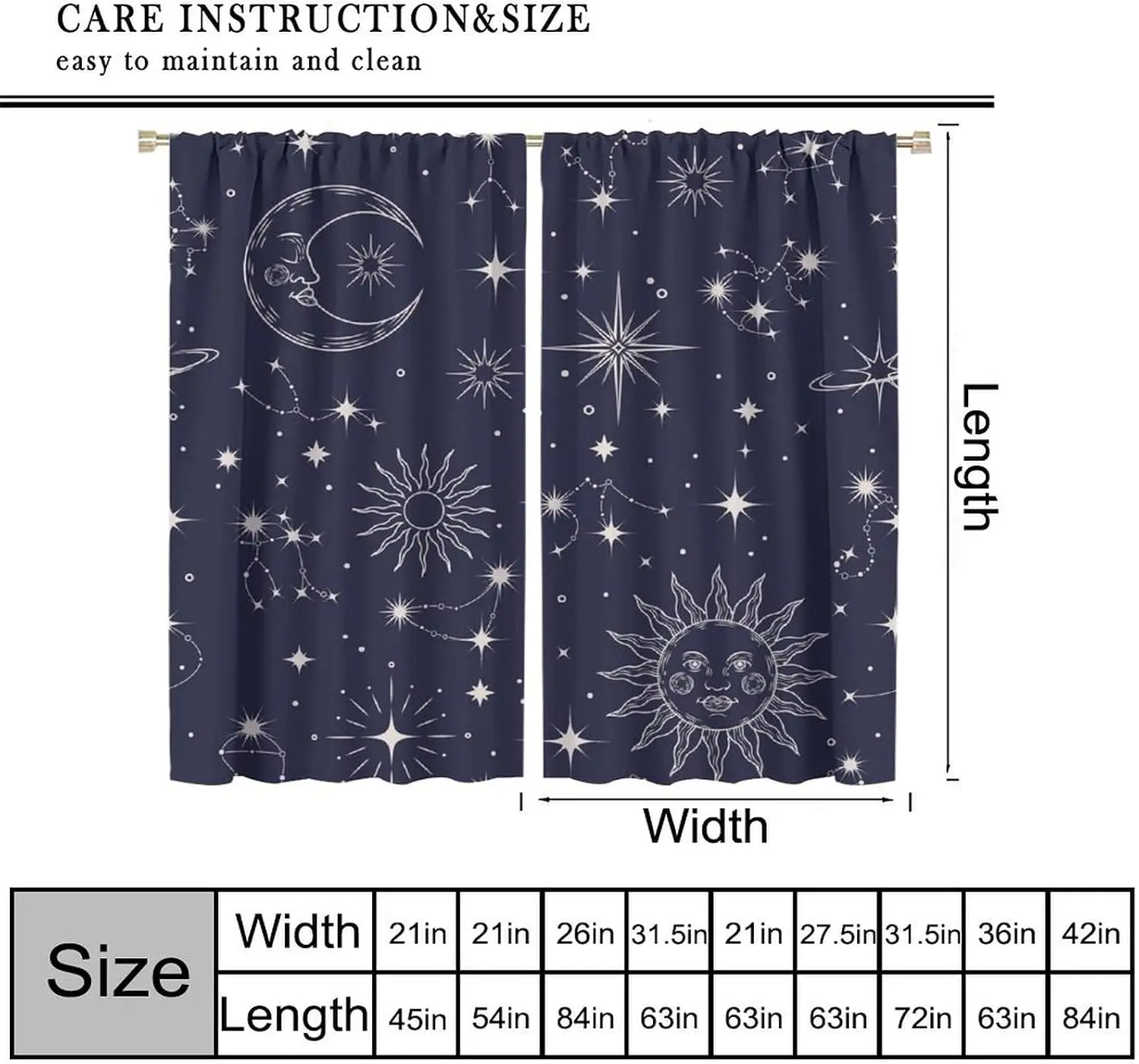Celestial Sun Crescent Theme Curtain 2 Panels Sketch Star Zodiac Planet Indigo Base Living Room Witchy Cosmic Home Curtains