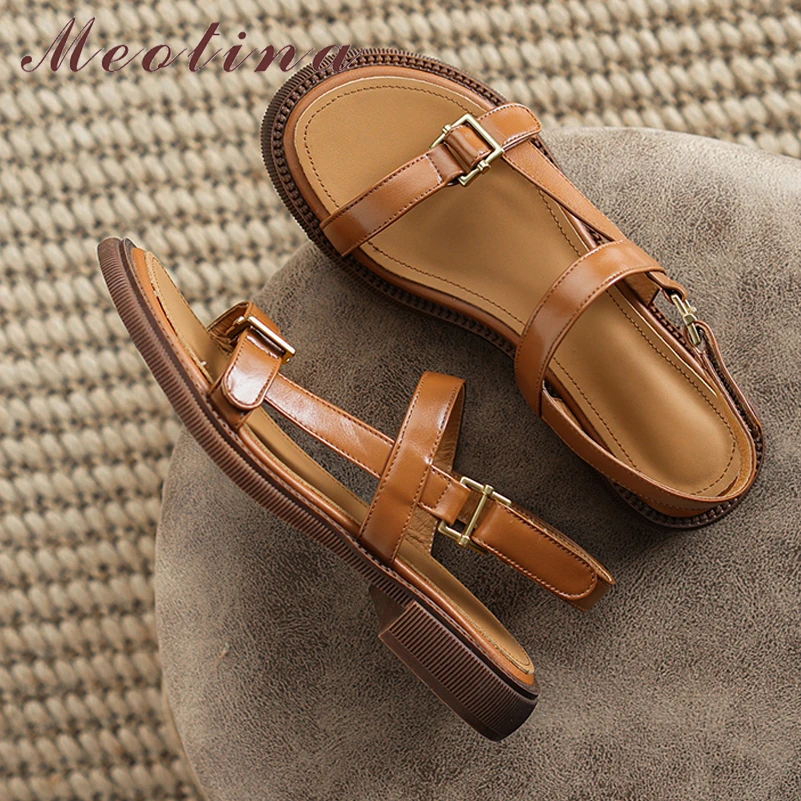 Meotina Women Genuine Leather Sandals Round Toe Flats Concise Brand Design Ladies Fashion Casual Shoes Summer Beige Khaki 40