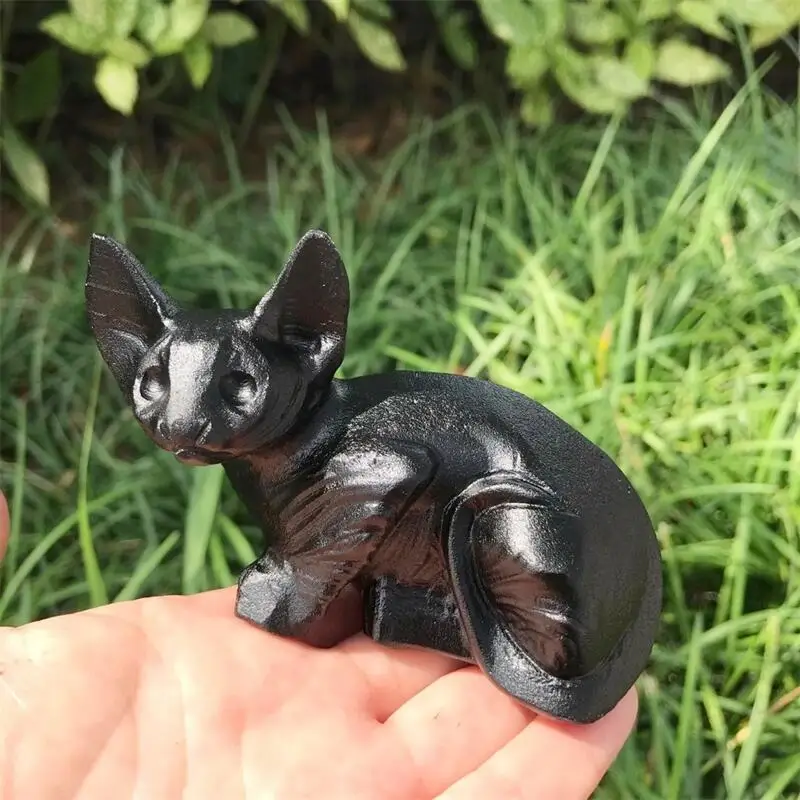 Natural Black Obsidian Hairless Cat Carving Statue Chakra Reiki Healing Fengshui For Home Decoration Gift 1pcs