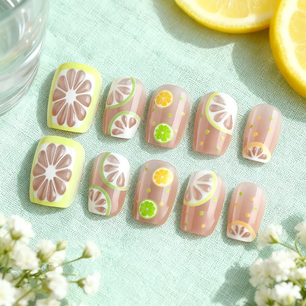 24Pcs Short Square Head Full Cover Nails Tips Pomelo Lemon Polka Dot Design False Nails Detachable Finished Press on Fake Nails