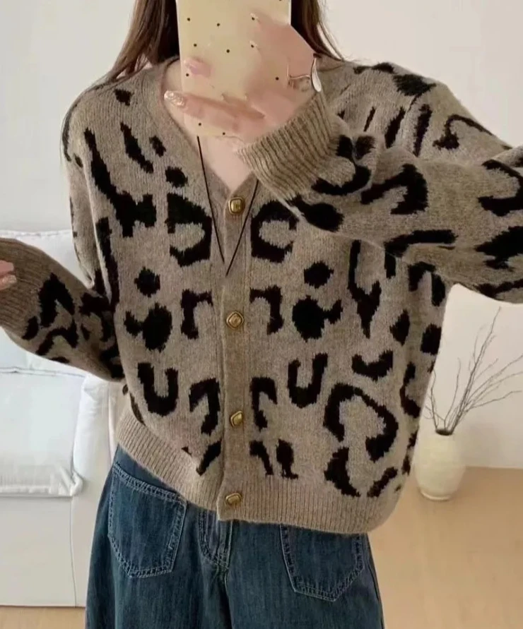 V-ausschnitt Strickjacke Jacken Leopard Print Alle Spiel Sueter Mujer Koreanische Pull Femme Mode Gestrickte Lose Pullover