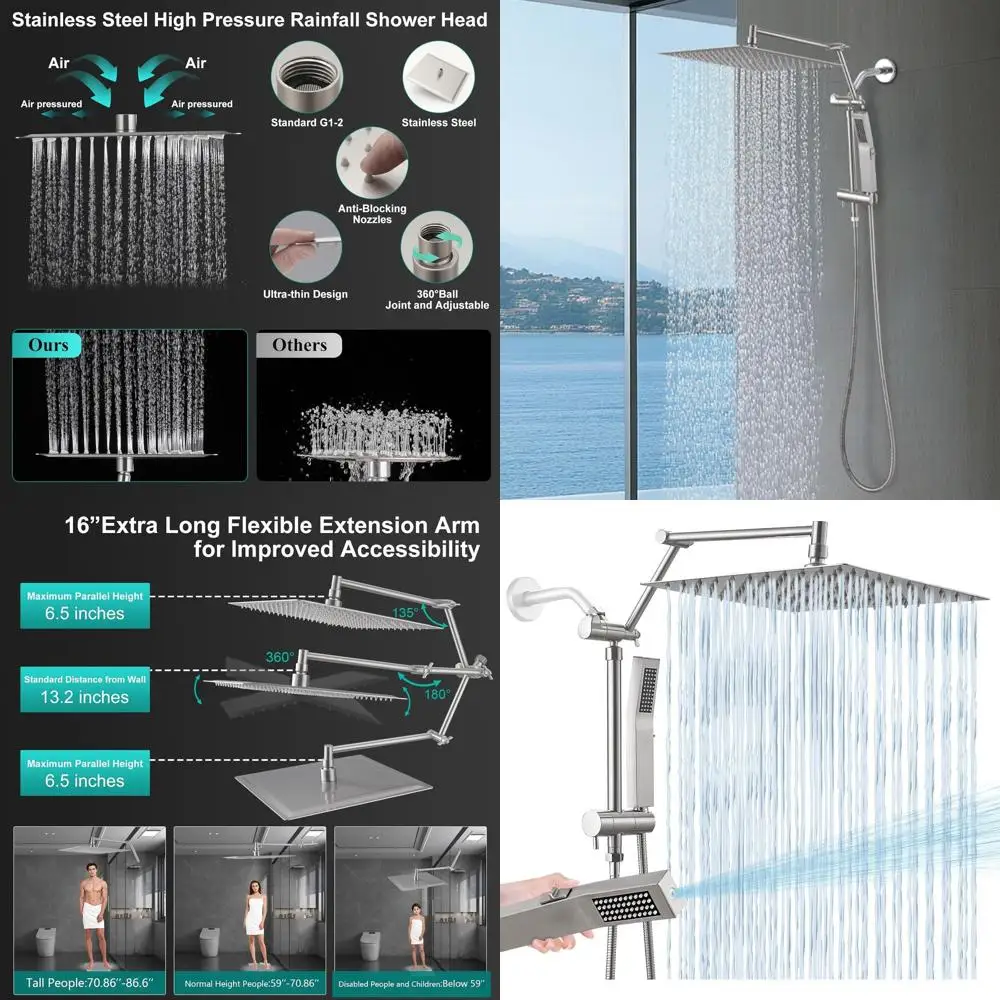 

Душевая система 12 дюймов с ручным распылителем, удлинительной штангой 16 дюймов, 3-ходовым переключателем, матовый никель