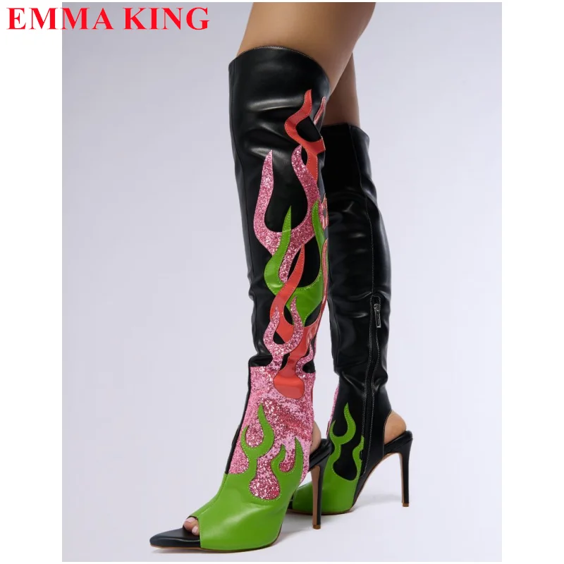 

Fashion Mixed Color Over The Knee Boots Women Flame Open Toe Western Sandals Boots Ladies High Heel Side Zipper Thigh High Boots