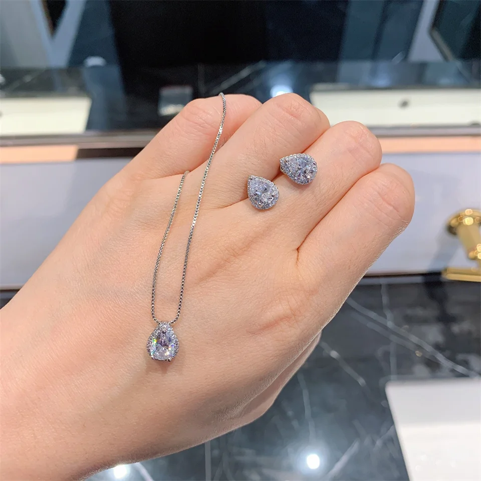 

New High Carbon Diamond Teardrop Necklace Earring Teardrop Pendant Set Light Luxury Stainless Steel Earrings Rings Jewelry Gifts