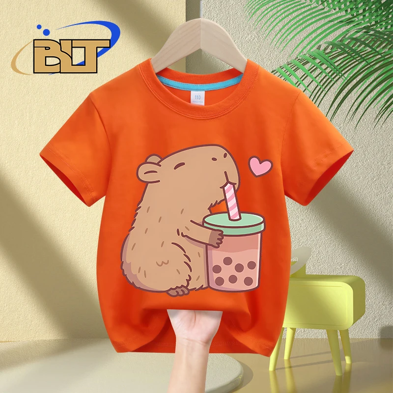 Cute Capybara Loves Bubble Tea print kids T-Shirt summer children\'s pure cotton short-sleeved casual tops boys and girls gifts