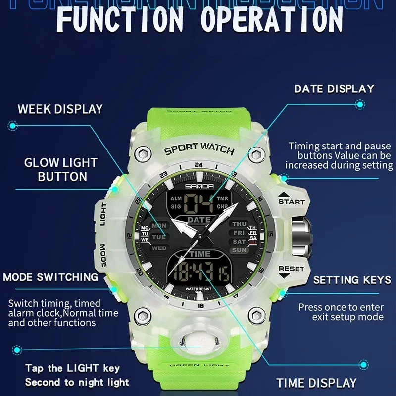 SANDA Luxury G Style Men\'s Electronic Watch Outdoor Sports LED Analog Digital Chronograph Military Dual Display 50M Waterproof