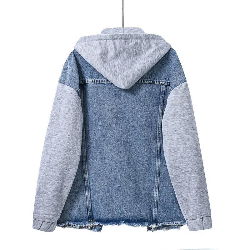 Fresh and Sweet Style Denim Patchwork , New Spring and Autumn Women's Long-sleeved with Loose Detachable Cap Design