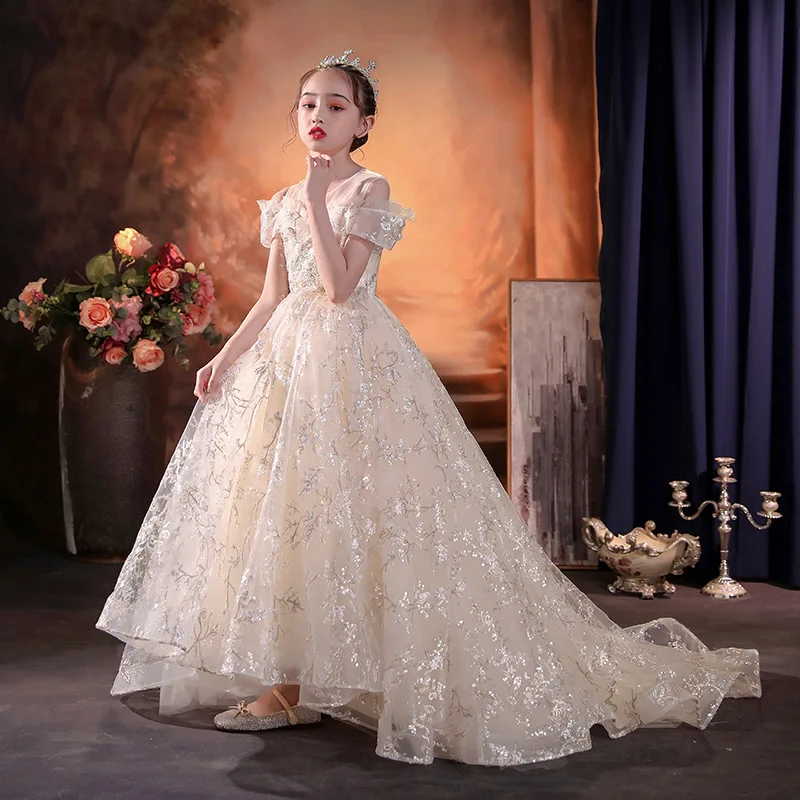 

Детское торжественное платье, платье принцессы, новинка 2025, стиль, модный подиумный хвост для девочек, пышный тюль с цветочным узором для девочек, выступление на фортепиано S