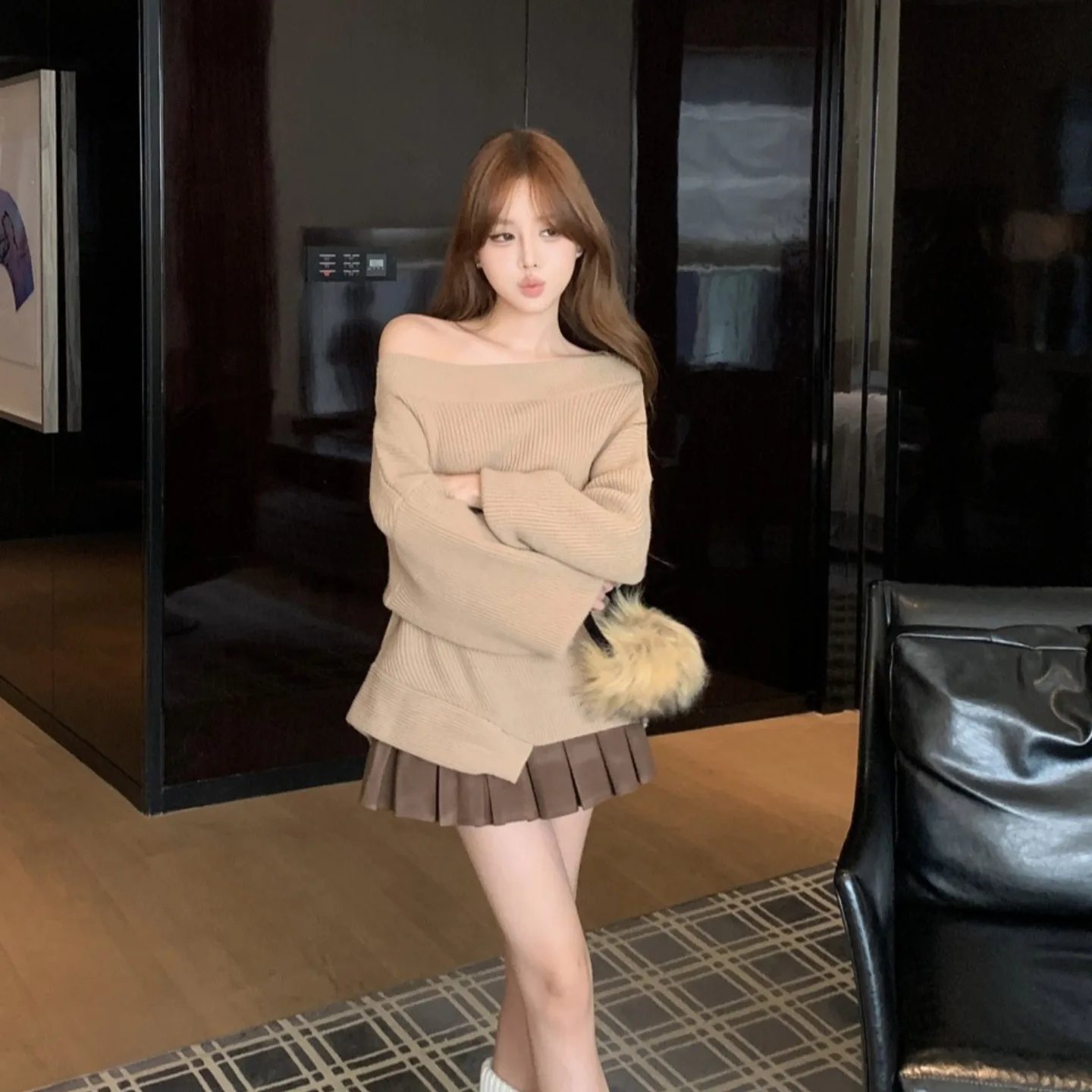 カーキ色の冬用羊毛セーター、アシンメトリーな肩、ルーズフィット、コーヒー色のプリーツスカートセット、女性用カジュアル、ツーピース...