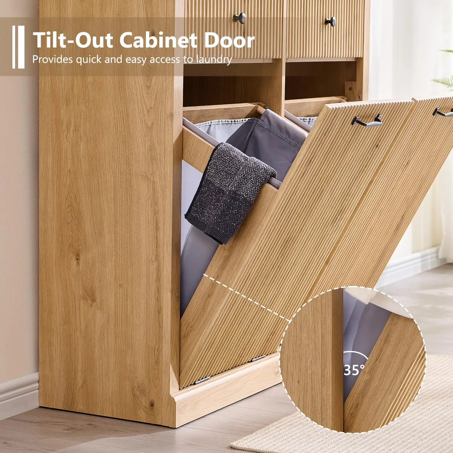 Modern Double Tilt-Out Trash Cabinet, 20 Gallon Fluted Laundry Hamper with 2 Drawers, Wooden Hidden Garbage Can Cabinet, Natural