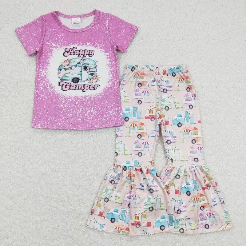 

RTS Baby Girls Wholesale Toddler Happy Camper Short Sleeve Tee Shirt Top Bus Pink Bell Pants Boutique Outfits Clothes Sets