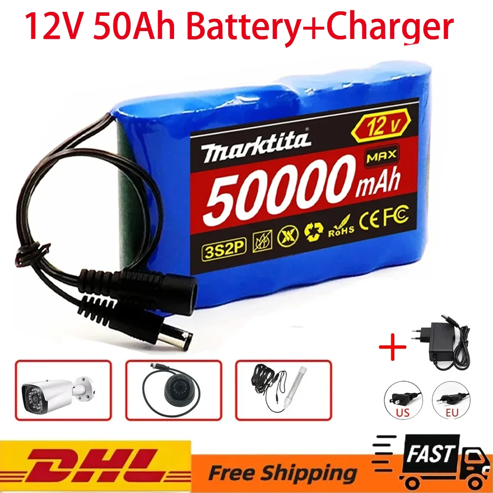 Original 18650 3S2P 12V 50000mah Lithium Ion Battery DC 12.6V 50Ah Rechargeable CCTV, Camera Monitor Replacement Battery + Charg