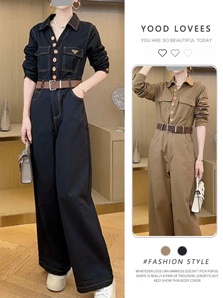 

American Sle Long Sve Bib Overalls Women's High Waist Wide Leg Pants Workwear Design Spring Autumn New Arrival