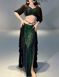 Belly Dance Costume Set for Women Short Sleeves Top+split Long Skirt 2pcs Oriental Professional Set Belly Dancing Wear Outfit