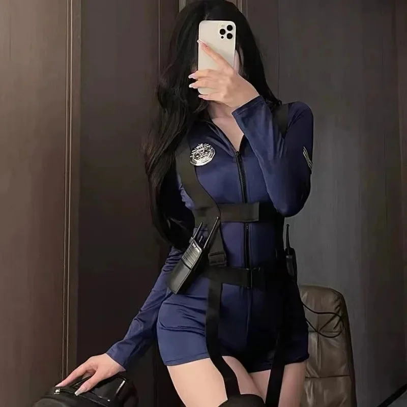 Sexy Policewoman Cosplay Party Costume Suit Women Cop Officer Role Play Uniform Outfit Treddy Zipper Short Sleeve Jumpsuit Set