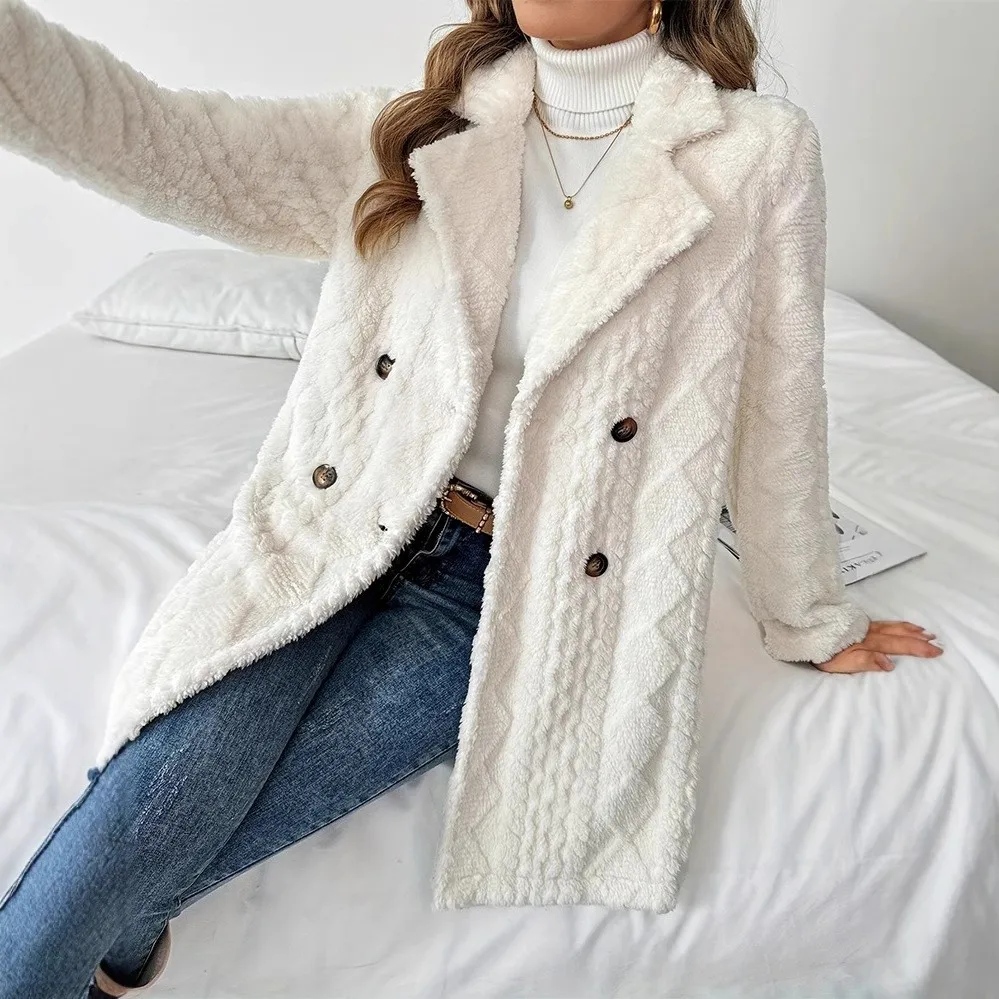 Loose Fit Jacquard Coat Long Length Commuter Style with Long Sleeve Casual Diamond Pattern Notched Lapel Women Autumn Coat