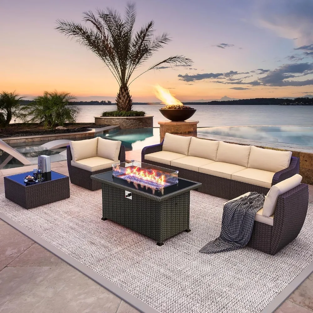 Outdoor Patio Furniture Set with Propane Fire Pit Table, PE Rattan Sectional Sofa Conversation Set w/Bracket, Wood Coffee Table