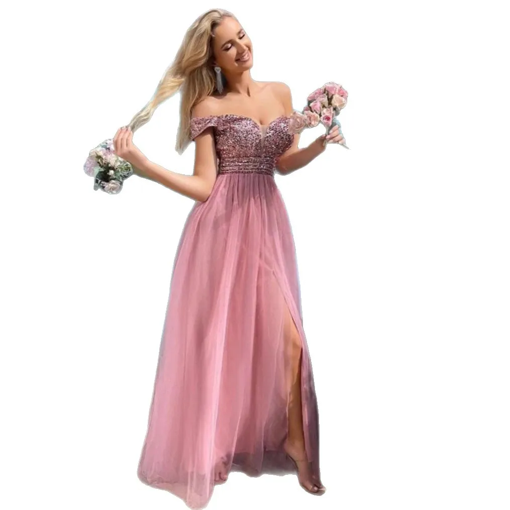 2025, ärmelloses, fließendes Abend- und Bankettkleid mit geteilten Pailletten, transparentes Abendkleid