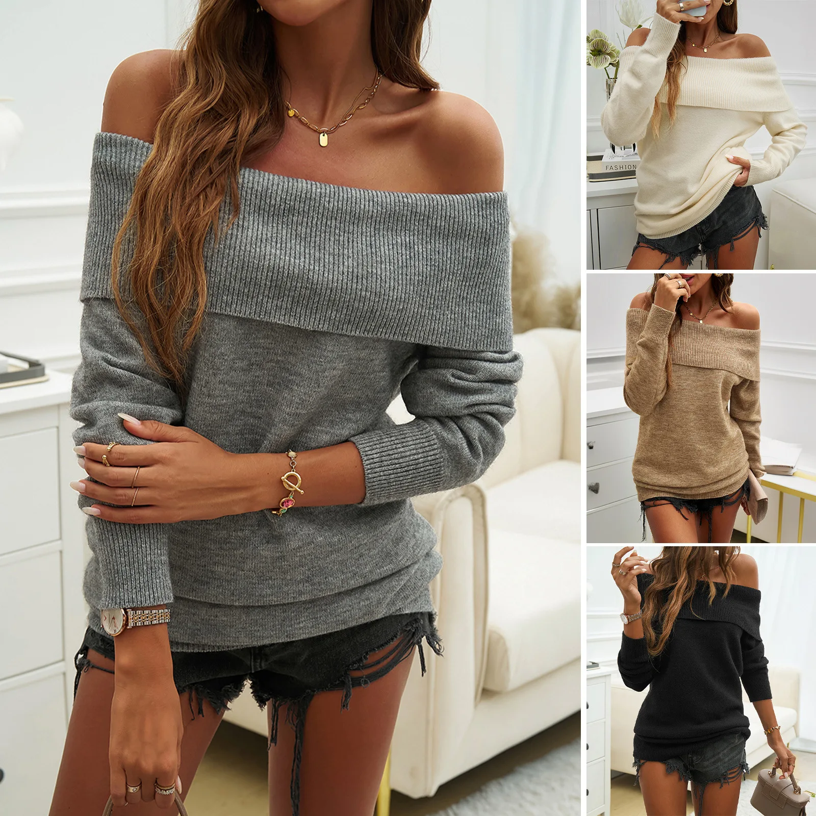 

2024 Sweaters Pullovers Autumn and Winter Tops Women's Temperament Casual Solid Color Pullover One Shoulder Sweater