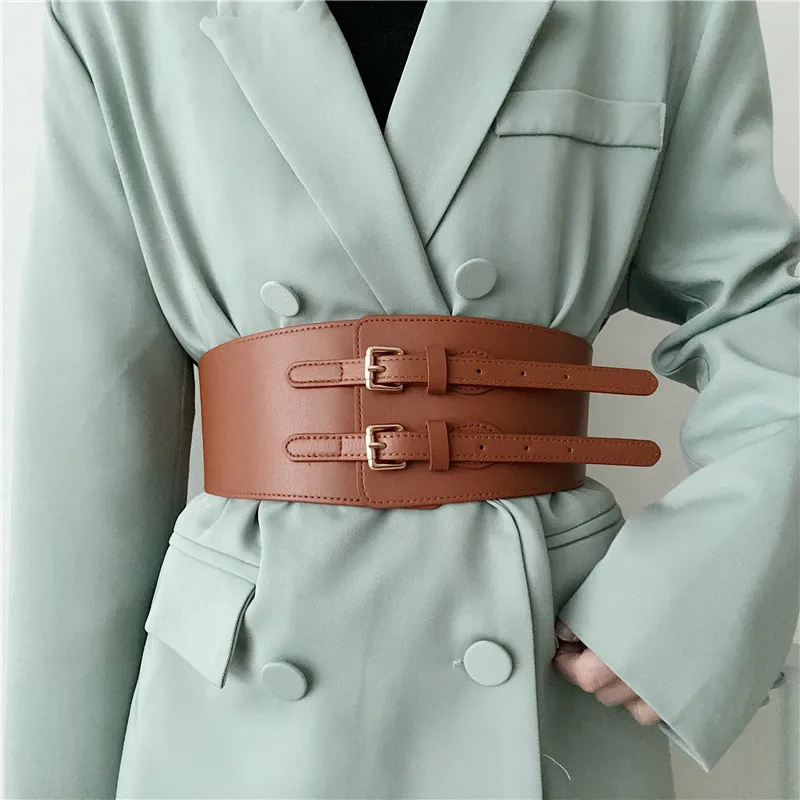 Cummerbunds واسعة للغاية لمعطف المرأة تمتد الخصر أسود بني اللون طبقة مزدوجة تصميم الخصر الأختام موضة مشد الفتيات #2