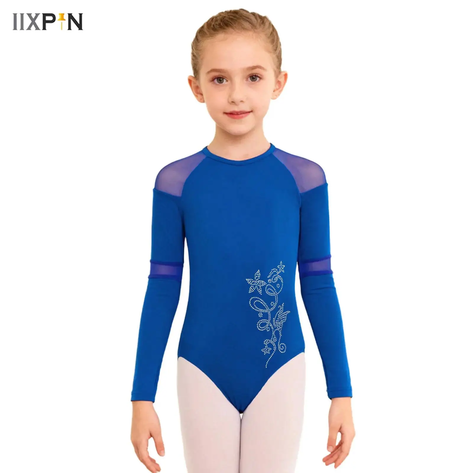 

Kids Girls Gymnastics Figure Skating Dance Bodysuit Sheer Mesh Splice Long Sleeves Thin Fleece Lined Rhinestone Flower Leotard